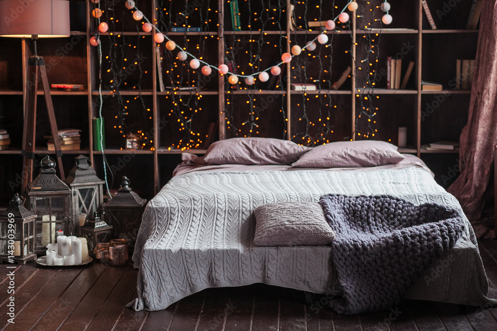coziness comfort interior and holidays concept cozy bedroom