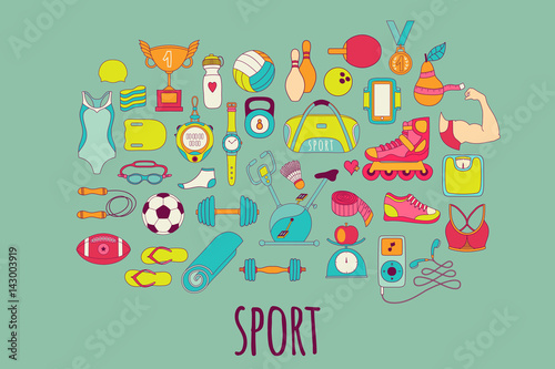 Hand drawn vector fitness and sport doodle icons set