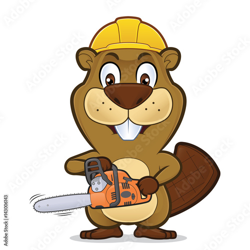 Beaver wearing a construction hat and holding a chainsaw