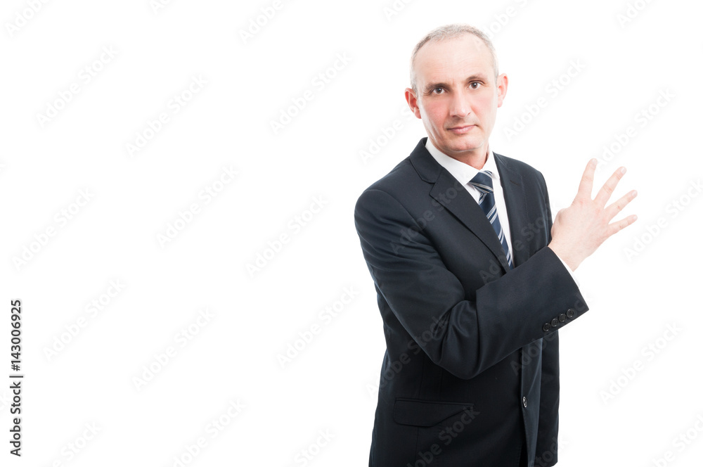 Middle aged elegant man showing number four gesture Middle aged elegant man showing number four gesture