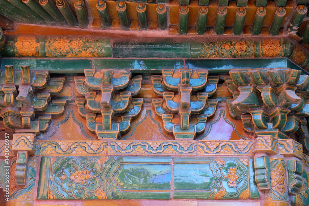 An ornate painted roof on a building in the Forbidden City in Beijing, China