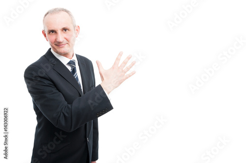 Middle aged elegant man showing number five gesture