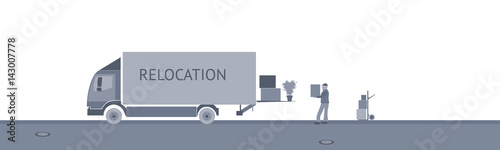 Relocation. Truck with carrier and cardboard boxes. Grey shade.