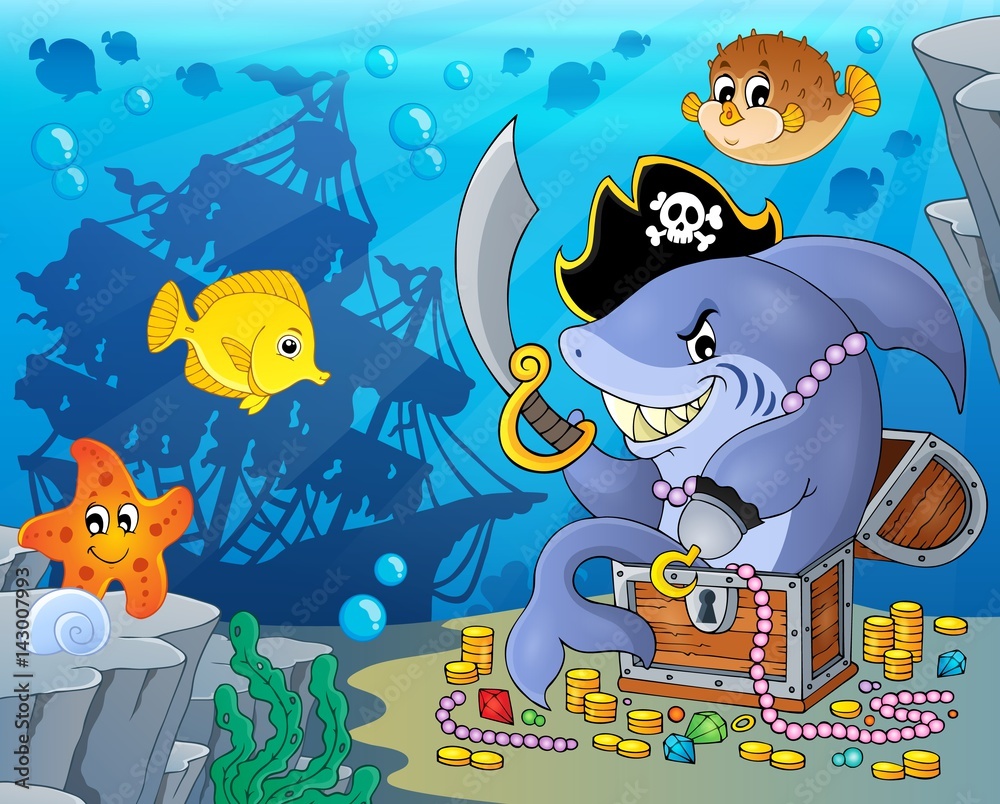 Naklejka premium Pirate shark with treasure theme 2