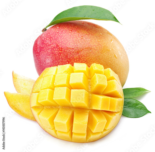 Mango cubes and mango fruit. Isolated on a white background.