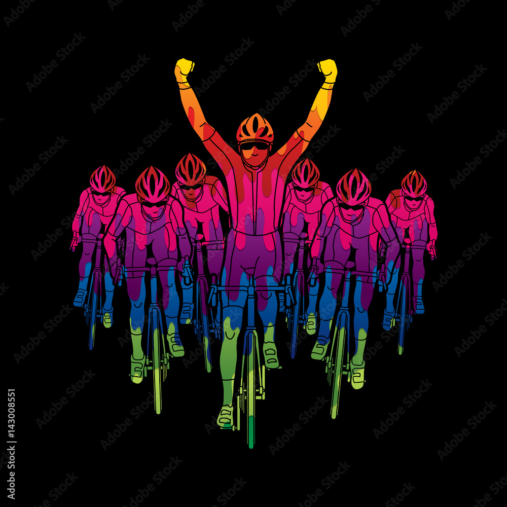 Obraz premium The winner with group of biking designed using melting colors graphic vector.