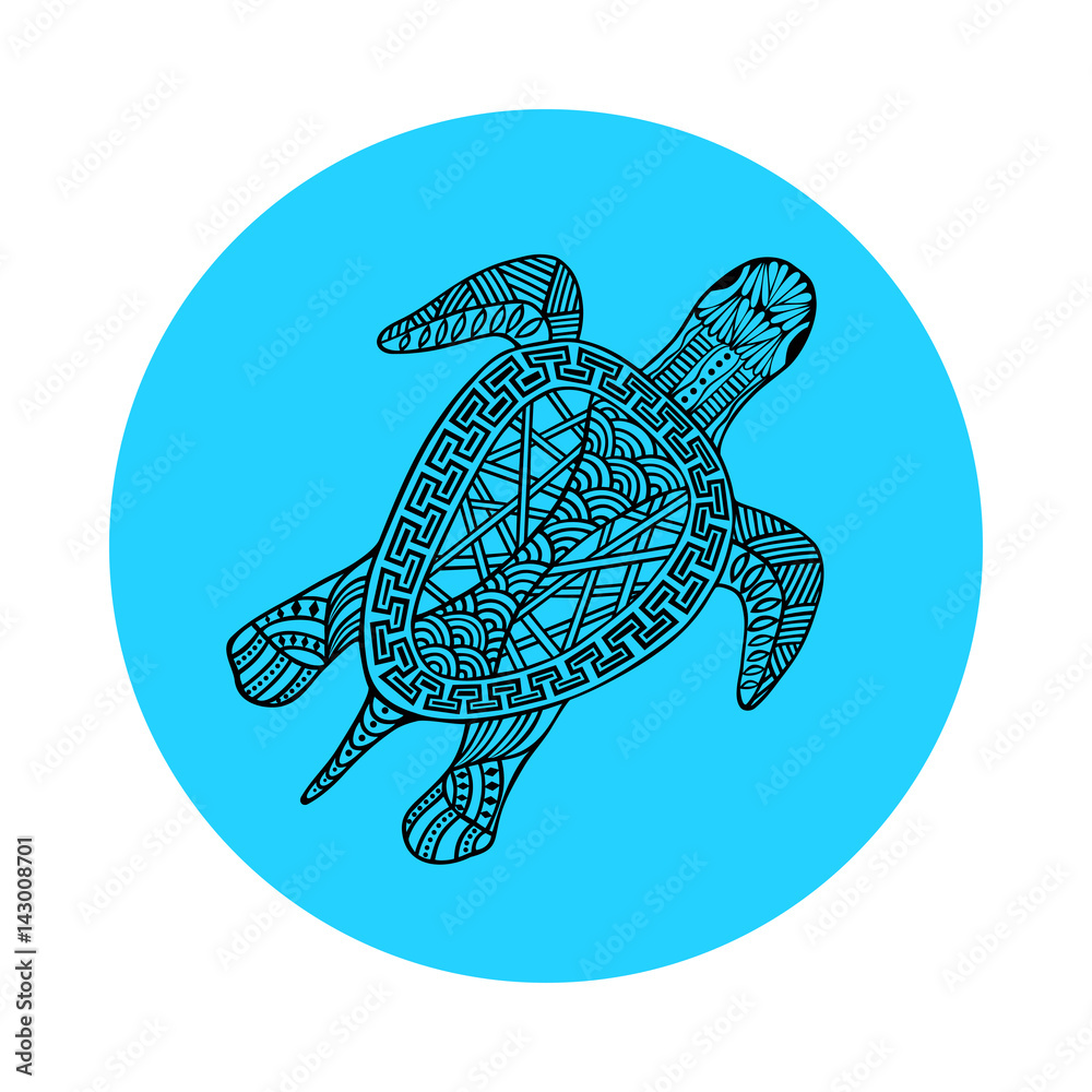 Fototapeta premium Isolated hand drawn black outline turtle on blue round background. Ornament of curve lines.