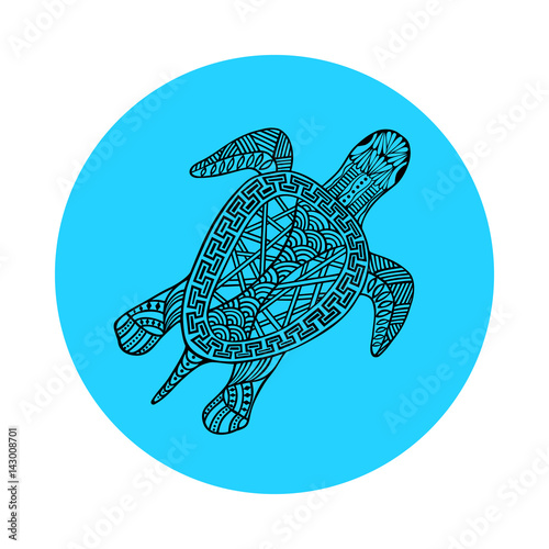 Isolated hand drawn black outline turtle on blue round background. Ornament of curve lines.