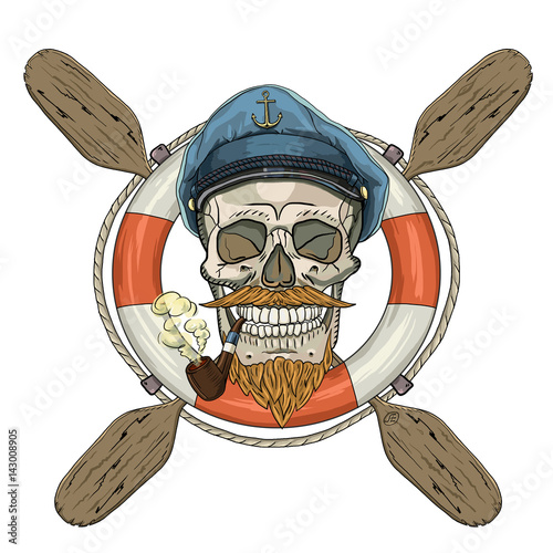 Skull with oars and life buoy, smokes a pipe
