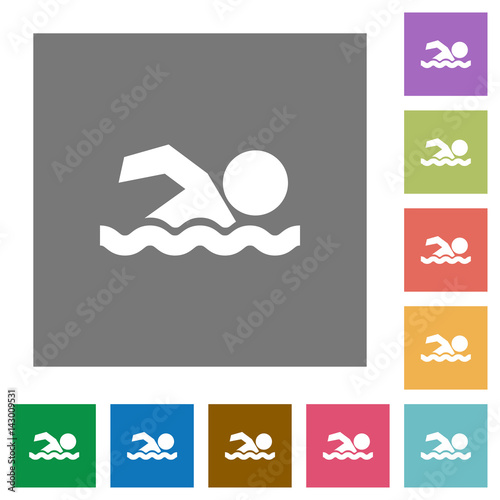Swimming man square flat icons