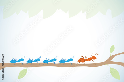 brown ant lead blue ants on branch with leaves, leadership and business concept