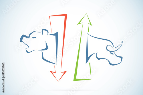 bull and bear symbols with green and red arrows, stock market and business concept