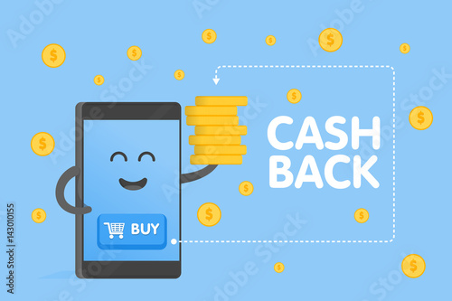 Cute cartoon smartphone characters with buy buttons icon and coins fall rain background. Cashback concept vector illustration