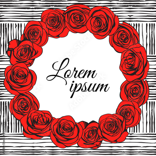 Vintage roses wreath on doodle line geometry background for your design. Floral Greeting Card with Blooming flowers with the place for your text. Vector illustration