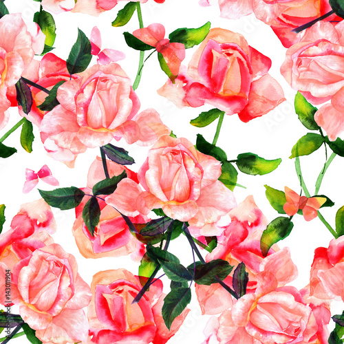 Seamless pattern with watercolor rose and butterfly on white