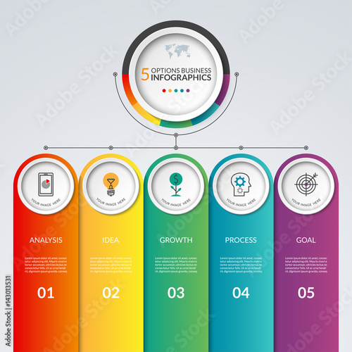 Infographic template with 5 options. Business concept that can be used as a chart, diagram, graph, table, workflow layout for web, report, presentation. Vector banner