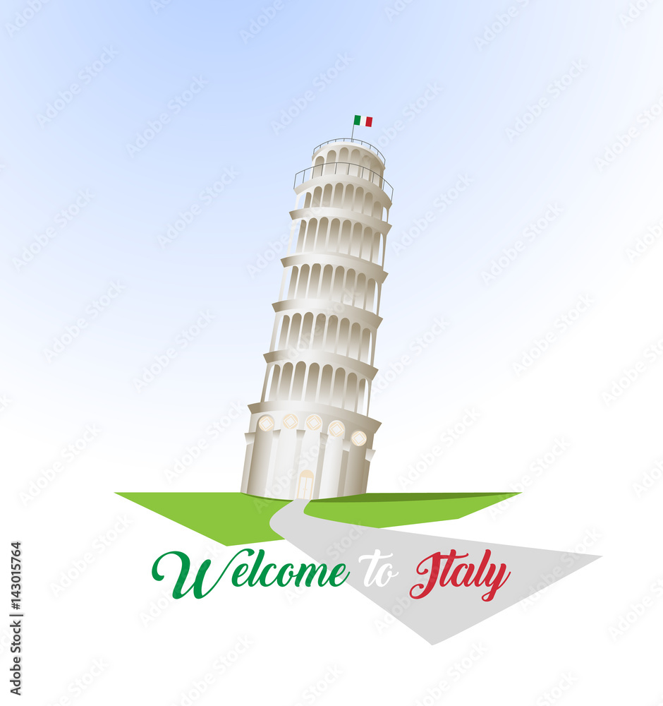 Welcome to Italy poster with famous attraction vector illustration. Travel design with Leaning Tower of Pisa on white background. Famous architectural landmark concept.