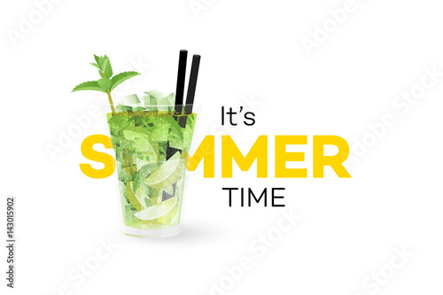 Classic Mojito Coctail Isolated On White Background. Seasonal Summer Conceptual Banner. Vector Design Element