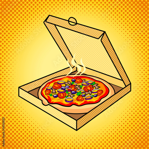 Fresh pizza in box pop art vector illustration