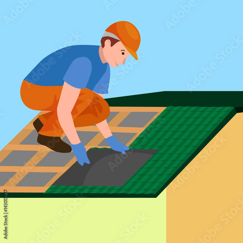 roof construction worker repair home, build structure fixing rooftop tile house with labor equipment, roofer men with work tools in hands outdoors renovation residential vector illustration