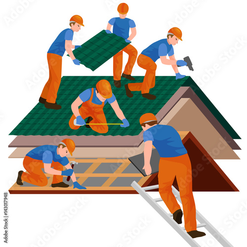 roof construction worker repair home, build structure fixing rooftop tile house with labor equipment, roofer men with work tools in hands outdoors renovation residential vector illustration