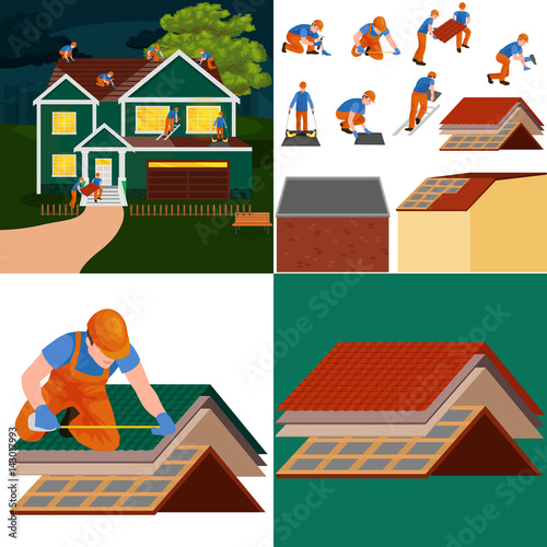 roof construction worker repair home, build structure fixing rooftop tile house with labor equipment, roofer men with work tools in hands outdoors renovation residential vector illustration