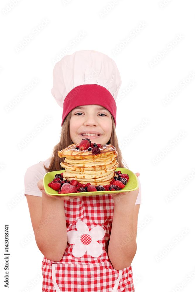 happy little girl cook with pancakes on plate happy little girl cook with pancakes on plate