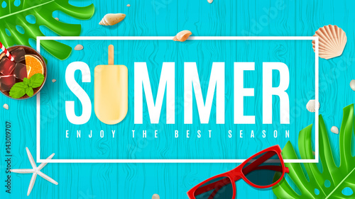 Beautiful summer background with seashells. Top view on composition with sun glasses, fresh cocktail and ice cream on wooden texture. Vector illustration. Web banner of summer vacation.