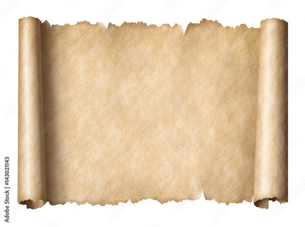 Old paper manusript scroll isolated on white horizontally oriented