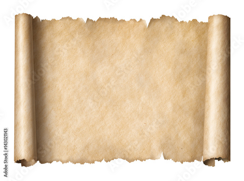 Foto Old paper manusript scroll isolated on white horizontally oriented