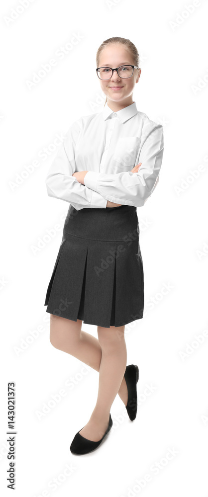Cute girl in school uniform on white background Cute girl in school uniform on white background