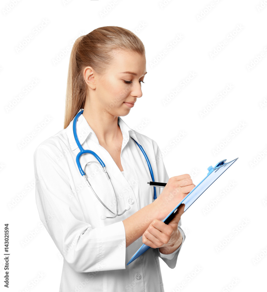 Diet concept. Female nutritionist with clipboard on white background