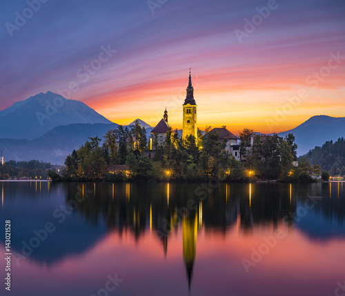 Fairytale, multi-colored dawn over Lake Bled in Slovenia