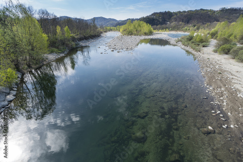 Sesia river (Valsesia, Piedmont, Italy) in springtime, this river is famous for kayaking and rafting; in this period increases the flow rate of water due to the melting of glaciers.