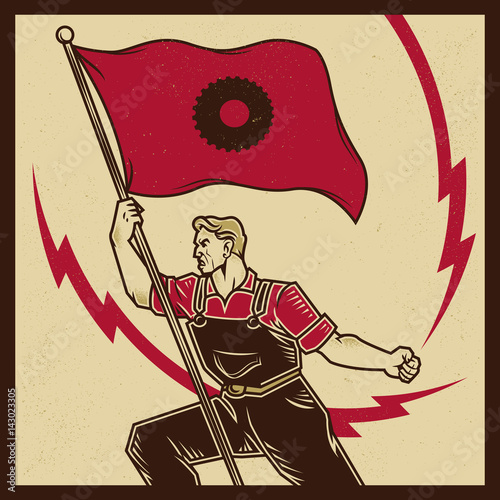 Vintage propaganda poster and elements. Retro Clip art of a Worker bring a gear flag or banner. Isolated artwork object. Suitable for and any print media need.