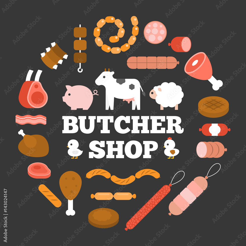 Butcher shop headline and product icon such as sausage, ham, pepperoni and  animal arrange in circle shape, flat design Stock Vector | Adobe Stock