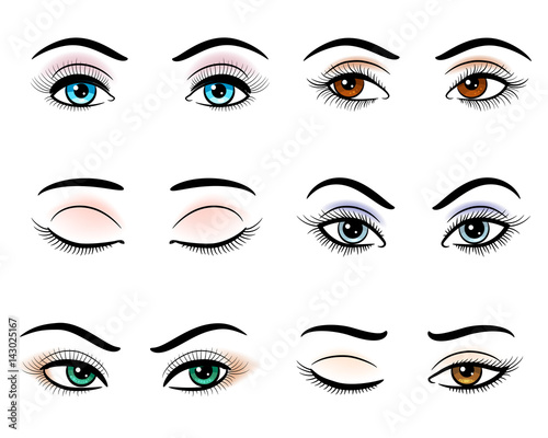 Open and closed hand drawn woman eyes. Closeup outline makeup eye set vector illustration