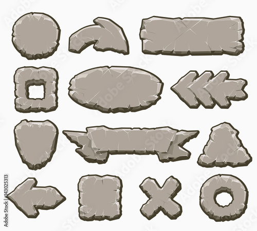 Rock interface buttons vector illustration. Cartoon stone ui elements like arrows and panels, frames and banners for game design isolated on white