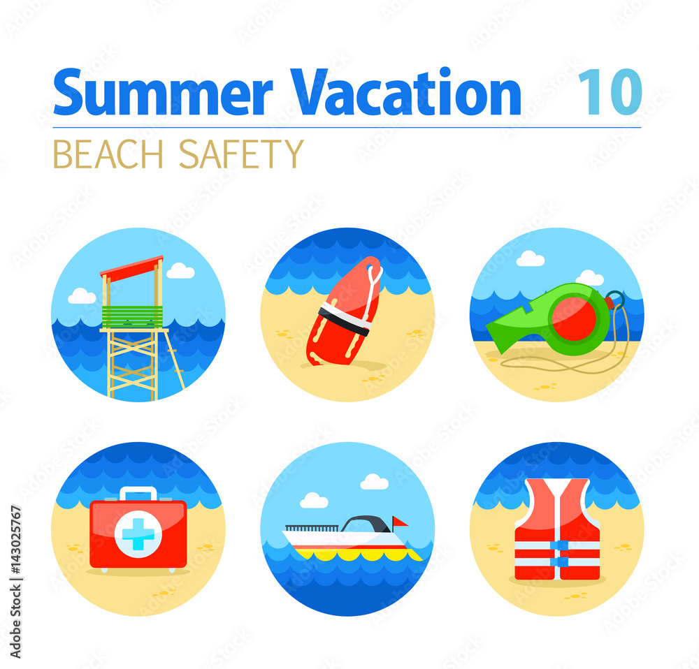 Lifeguard beach safety icon set. Summer. Vacation Lifeguard beach safety icon set. Summer. Vacation