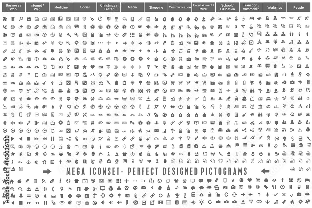 Mega Iconset Perfect Designed Pictograms grey - obrazy, fototapety, plakaty 