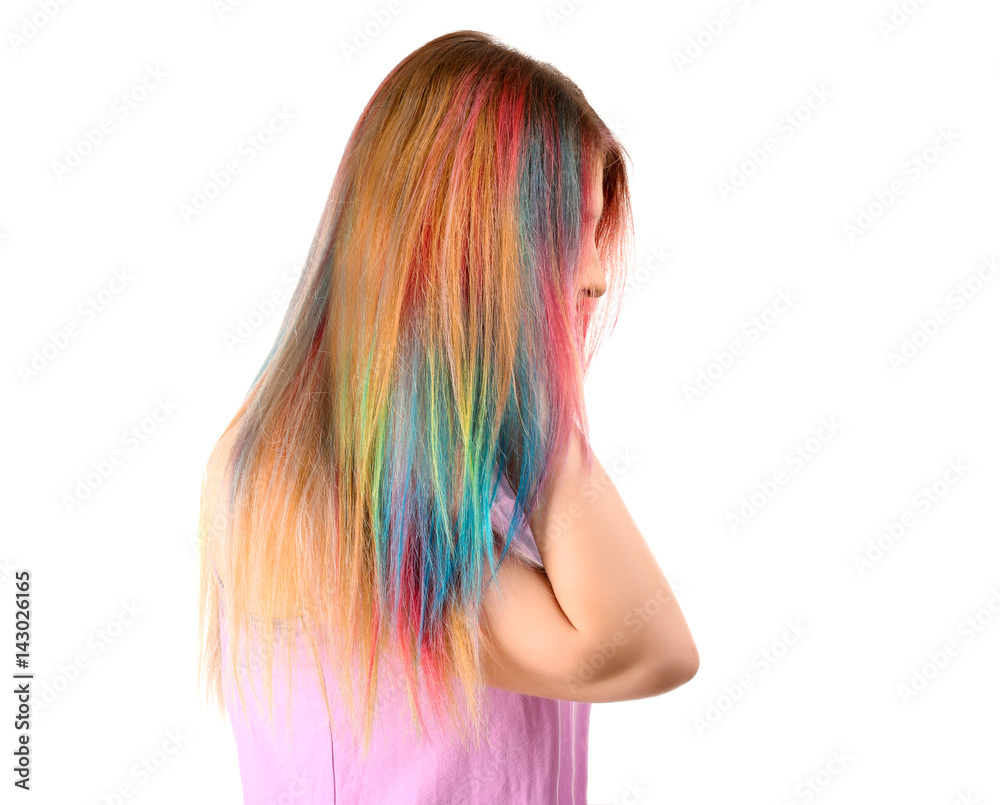 Trendy hairstyle concept. Young woman with colorful dyed hair on white  background Stock Photo | Adobe Stock