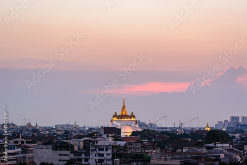 Twilight time : the Golden Mount at Wat Sraket Rajavaravihara temple, Travel Landmark of Bangkok, Thailand