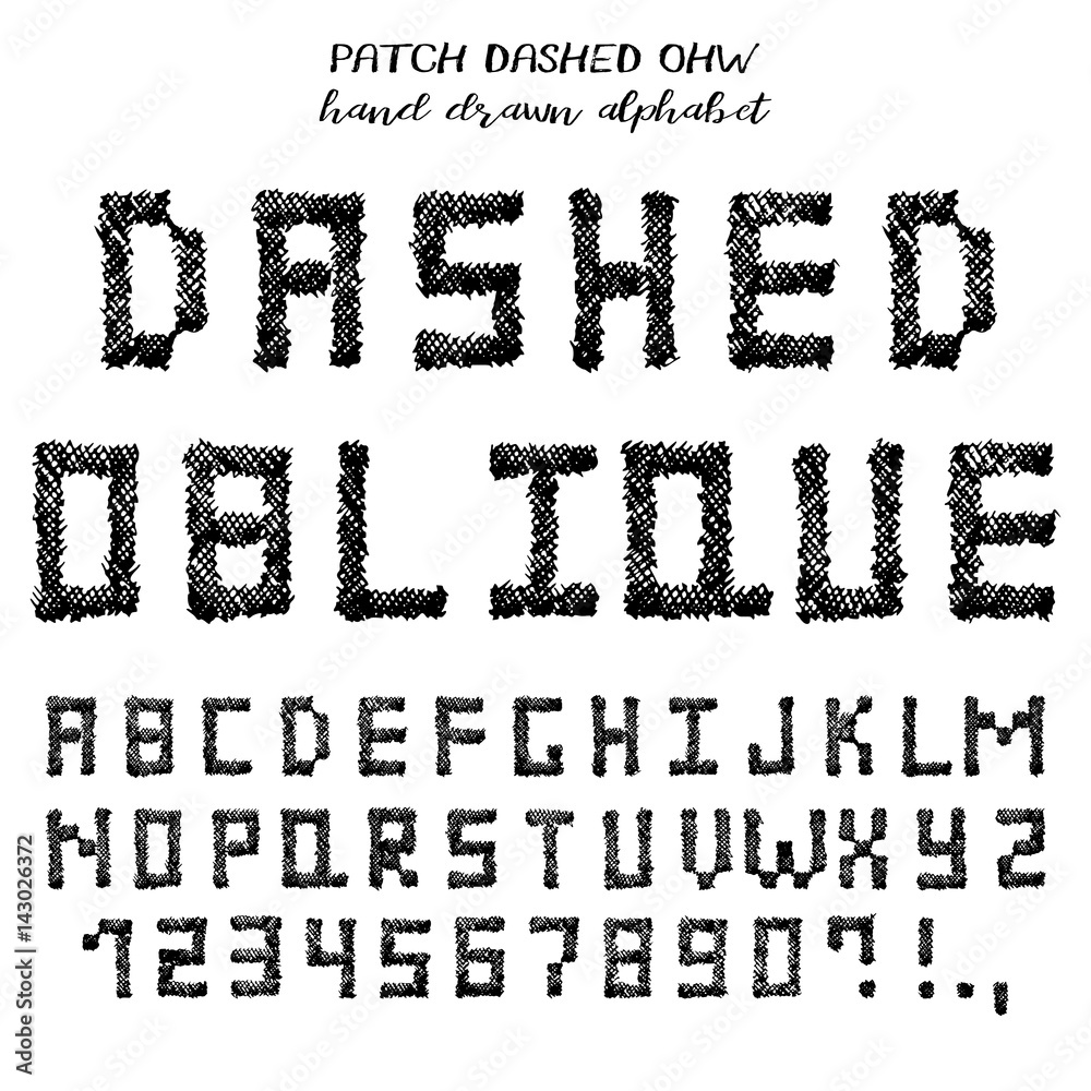 Hand drawn alphabet, written grunge font with symbols in technique of ...