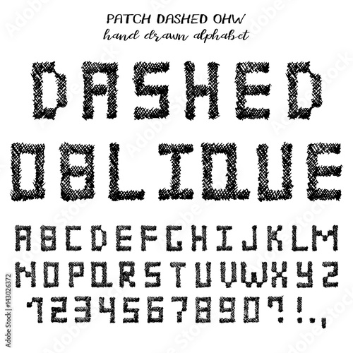 Hand drawn alphabet, written grunge font with symbols in technique of oblique hatching: stylized black capital letters, numbers and punctuation. Vector illustration