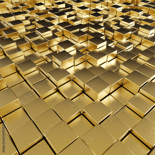 Abstract reflective gold cubes modern background. 3D rendering.