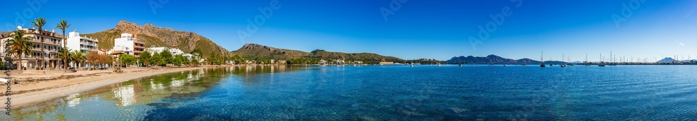 Beautiful panorama view of the bay in Port de Pollenca, Spain Majorca beach coastline Mediterranean Sea Beautiful panorama view of the bay in Port de Pollenca, Spain Majorca beach coastline Mediterranean Sea
