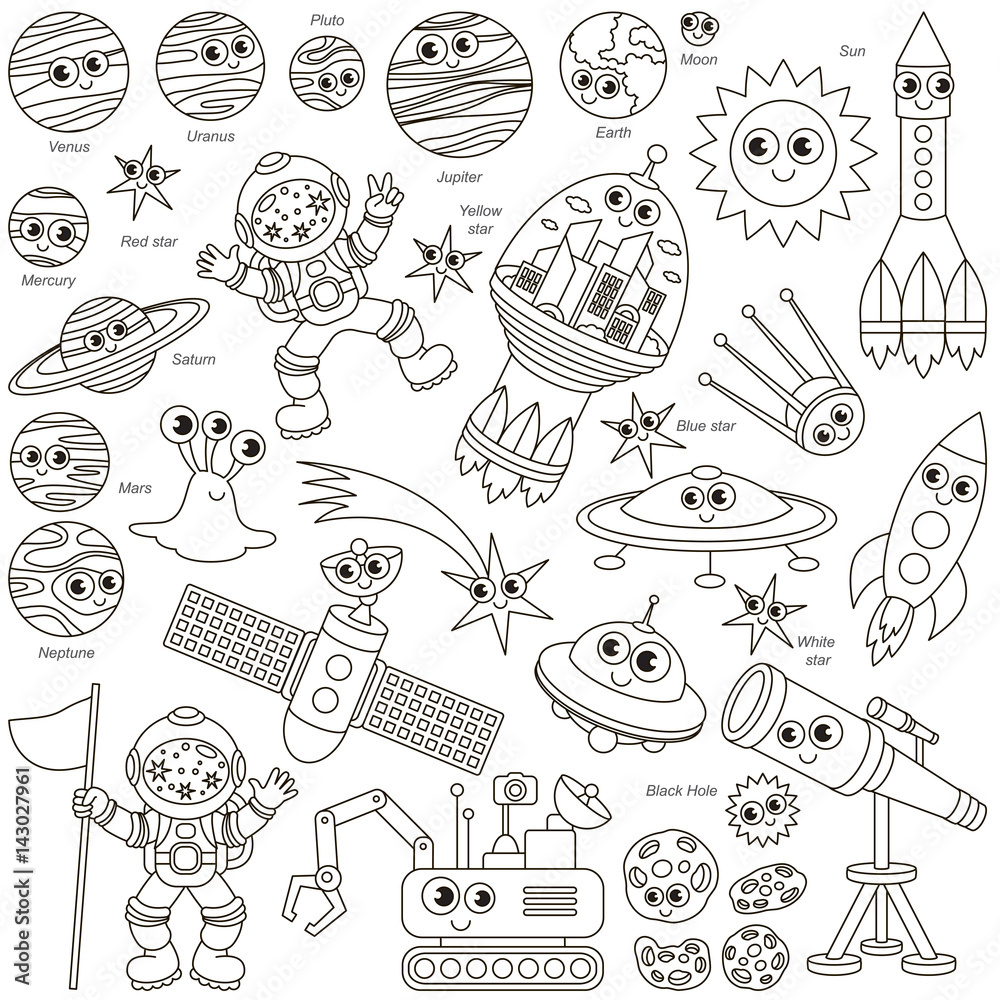 Colorless Space Kid set, the collection of coloring book template, the group of outline digital elements.