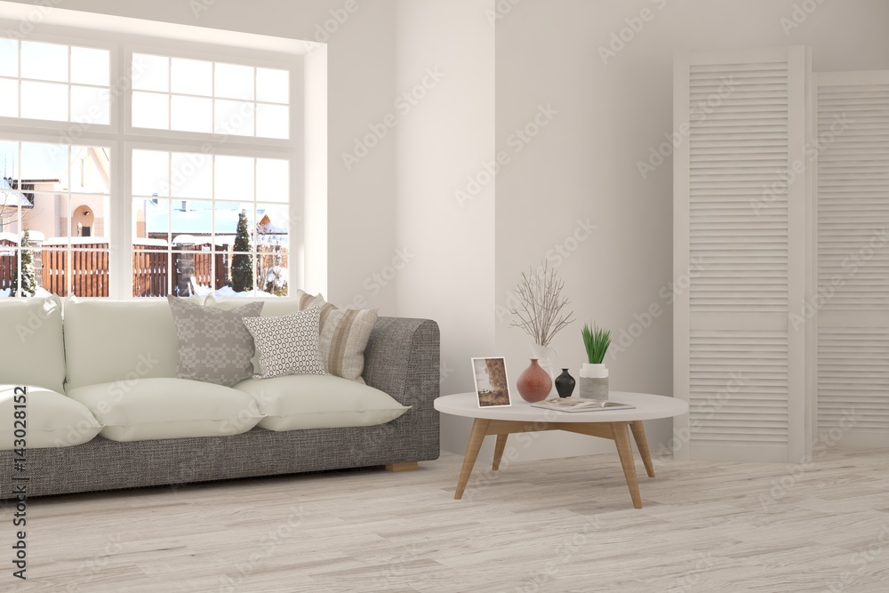 Fototapeta premium White room with sofa and urban landscape in window. Scandinavian interior design. 3D illustration