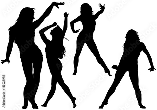 Silhouetted Dancing Young Woman in Various Poses - Set of Black Illustrations, Vector