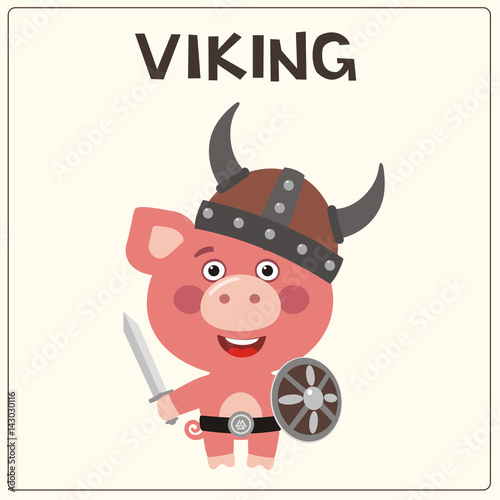 Funny pig in costume of viking with sword and shield. Viking pig in cartoon style.